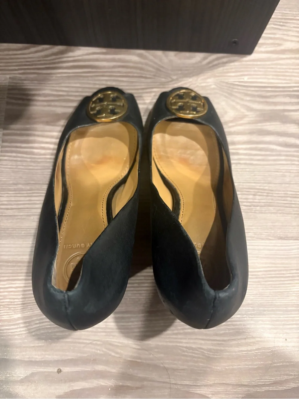 Tory Burch Black Leather Peep-Toe Pumps with Gold Logo Medallions